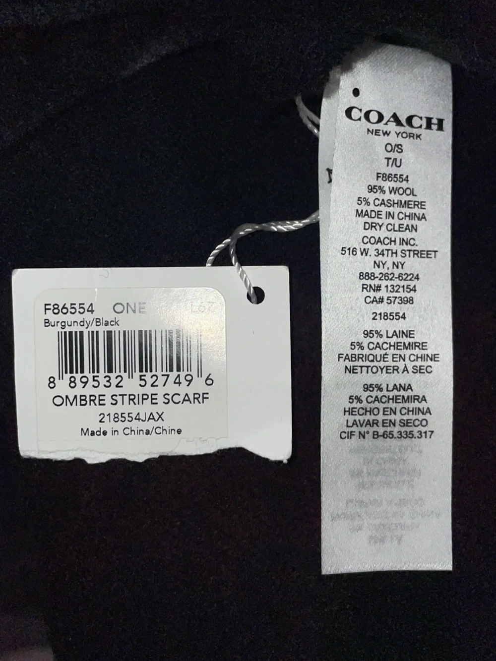 Coach New York Ombre Cashmere Scarf in Burgundy and Black
